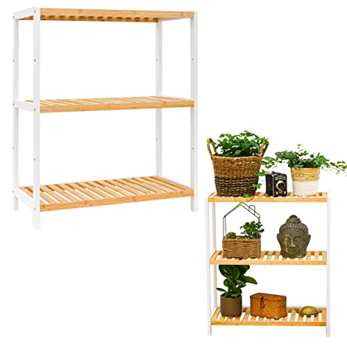 DuneDesign Bambus Standregal 60 cm Breit - 69x60x26 Badregal - Regal Weiß für Küche Badezimmer Schrank Balkon - Badmöbel Schuhregal Holz Küchenregal Stehend - Handtuch Wandregal - Küchen Organizer von DuneDesign