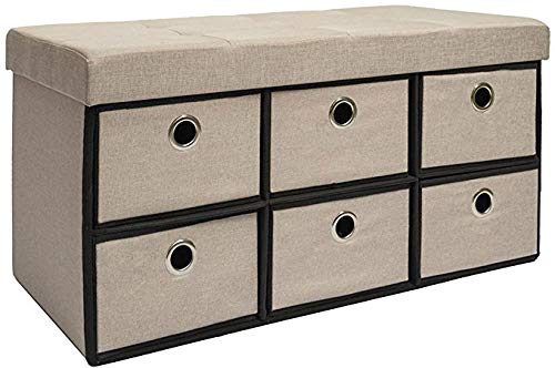 DuneDesign Faltbare Sitzbank 76x38x38cm inkl. 6 Schubladen Sitztruhe 80L Polsterbank Ottomane Leinen Beige-Grau von DuneDesign