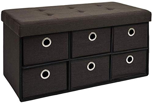 DuneDesign Faltbare Sitzbank 76x38x38cm inkl. 6 Schubladen Sitztruhe 80L Polsterbank Ottomane Leinen Dunkelbraun von DuneDesign
