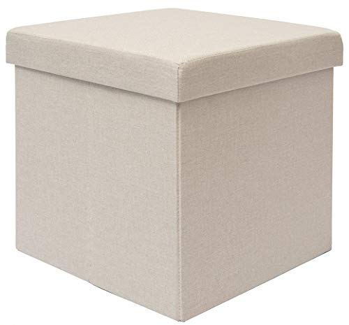 DuneDesign Faltbarer Sitzhocker 38cm Fußhocker Polsterhocker mit ca 42L Stauraum Sitzwürfel Sitzkasten Ottomane Leinen Beige-Grau von DuneDesign