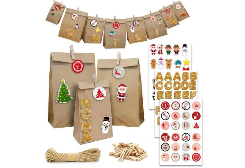 DuneDesign befüllbarer Adventskalender Adventskalender zum Befüllen - 24 Papiertüten, 3 Größen Sticker Bastelset von DuneDesign
