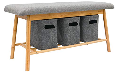 DuneDesign Nordic Sitzbank mit 3 Filzkörben - 90x34x44 Bambus Schuhbank Holz Bank für Flur Garderobe von DuneDesign