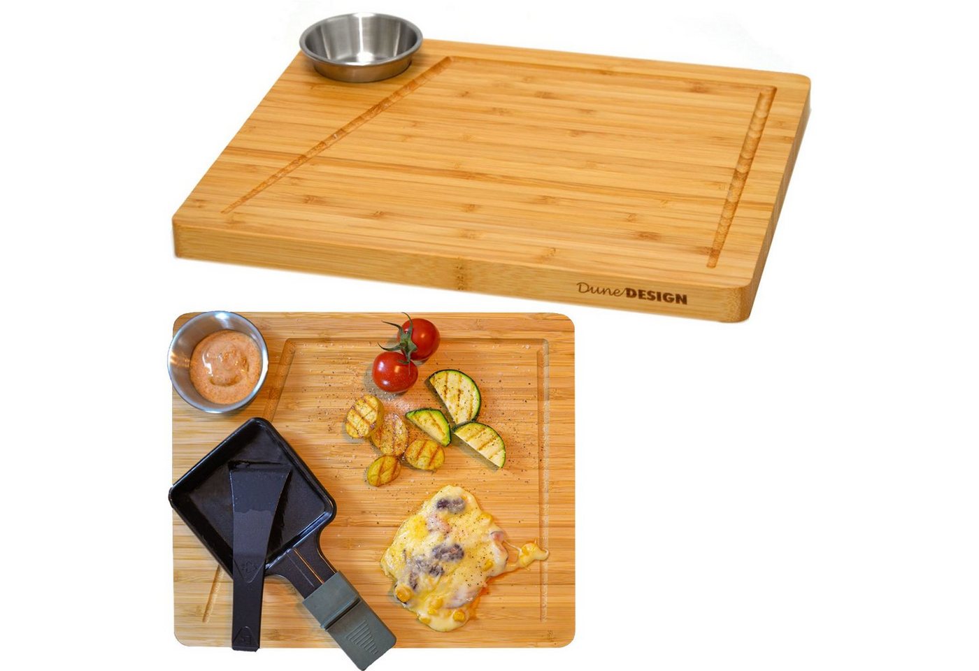 DuneDesign Schneidebrett 2 Personen Raclette Teller Set 30x25 cm Raclette, Holz, Brettchen Pfännchen Untersetzer von DuneDesign