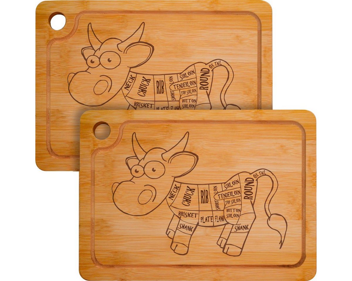 DuneDesign Schneidebrett 2er-Set Holz Schneidebrett 33x23x2cm Comic Kuh, Bambus, Holzbrett ruschfest 33x23x2cm von DuneDesign