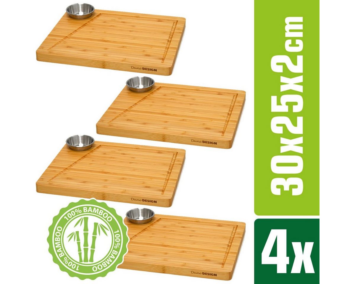 DuneDesign Schneidebrett 4er Set Servierbrett mit Dip-Schale, Holz, 30x25cm Steakbrett aus Holz von DuneDesign