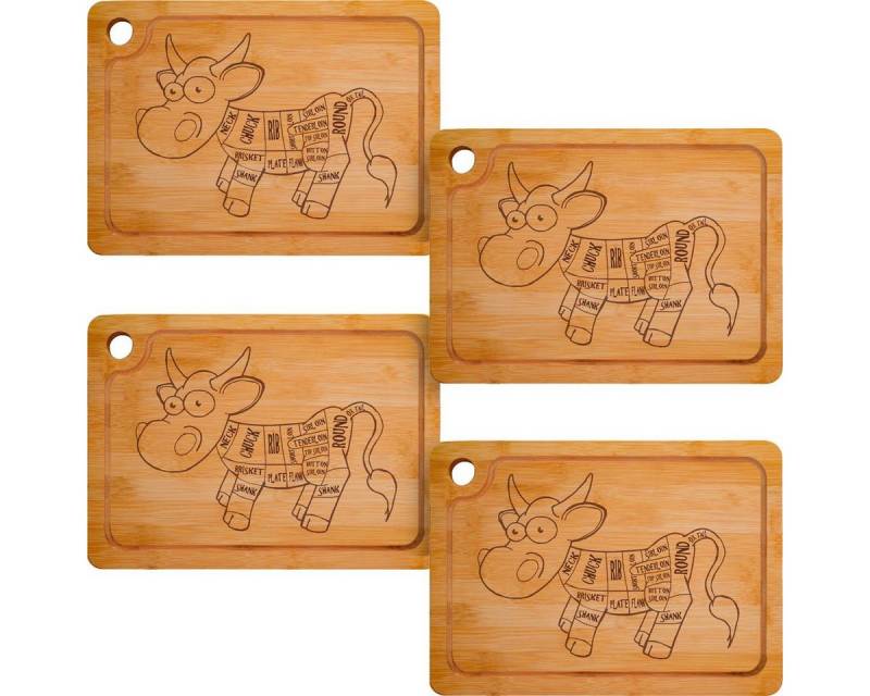 DuneDesign Schneidebrett 4er Set - 33x23 Bambus Steakbrett mit Saftrille & Gravur - Rutschfest, Bambus, Rutschfestes Servierbrett aus Holz - Pflegeleicht und Messerschonend von DuneDesign