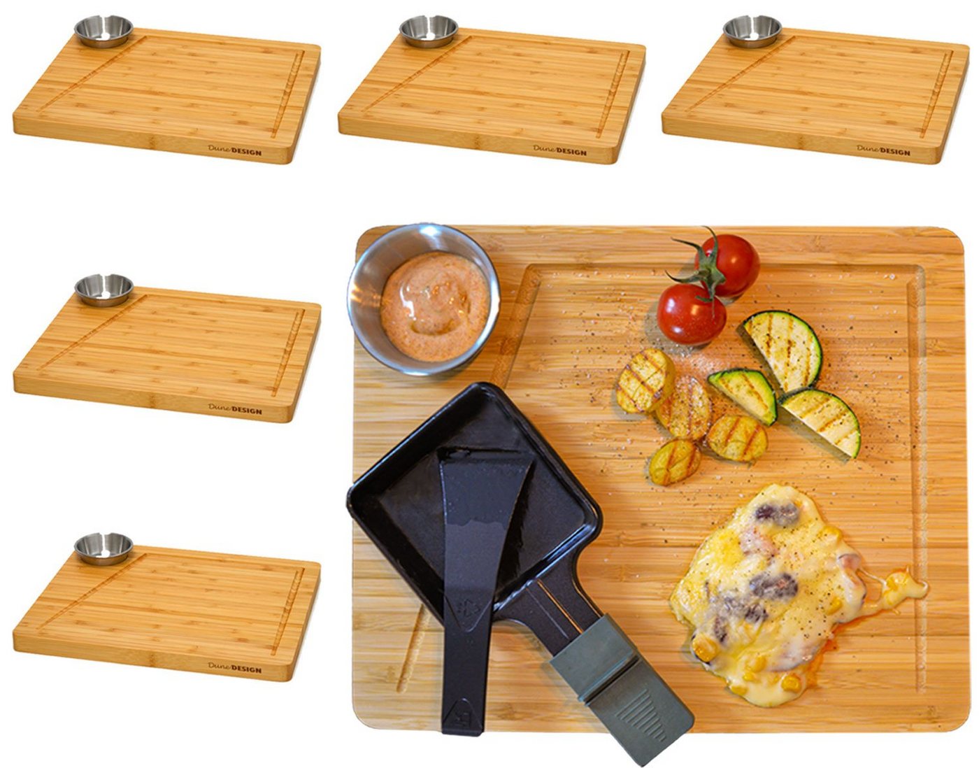 DuneDesign Schneidebrett 6 Personen Raclette Teller Set 30x25 cm Raclette, Holz, Brettchen Pfännchen Untersetzer von DuneDesign