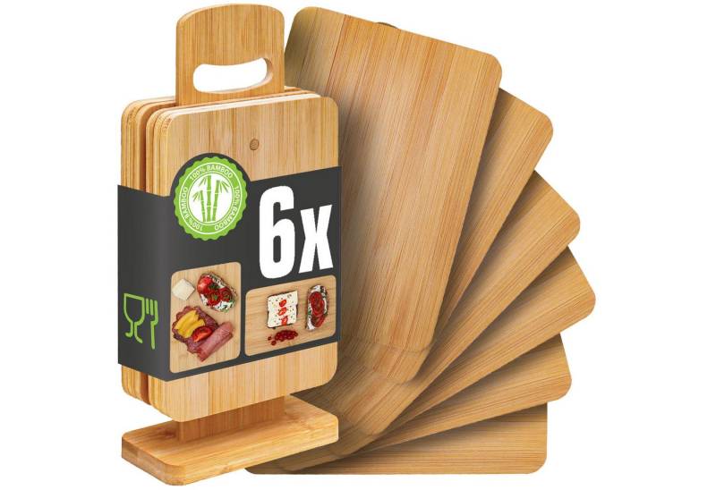 DuneDesign Schneidebrett 6er Set Frühstücksbrettchen + Ständer 22x15 cm, Bambus, Holzbrettchen Brotbretter von DuneDesign