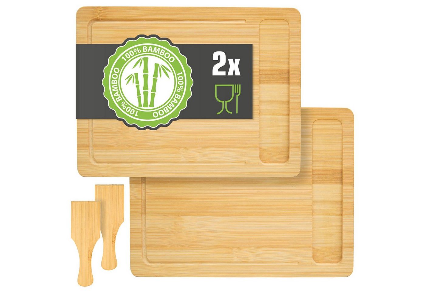 DuneDesign Schneidebrett Mit Auffangschale: 2er Set Schneidebrett Bambus, Bambus, 30x22 Holzbrett Frühstücksbrett von DuneDesign