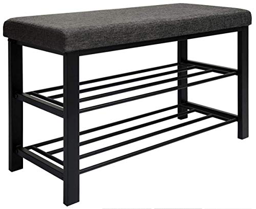 DuneDesign Schuhbank mit Sitzfläche - 81x32x50 Schuhregal Metall - Schuhschrank mit Sitzbank - Schuhkommode Flur Bank mit Stauraum - Schuhsitzbank mit Polster - Kleine Polsterbank für Garderobe Grau von DuneDesign