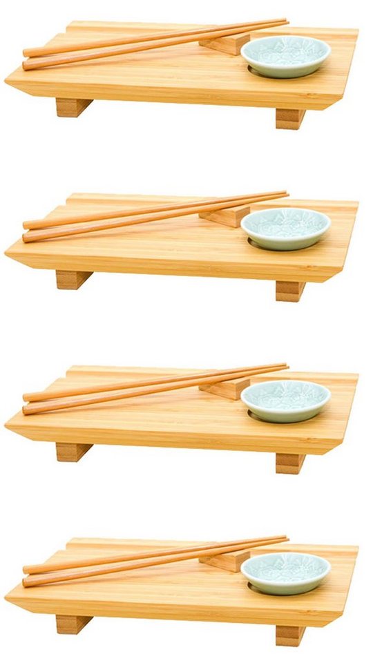 DuneDesign Servierplatte 4x Japanisches Sushi Brett 27x16x4 Servierplatten, Holz, (Set, 20-tlg), Komplettset für 4 Personen von DuneDesign