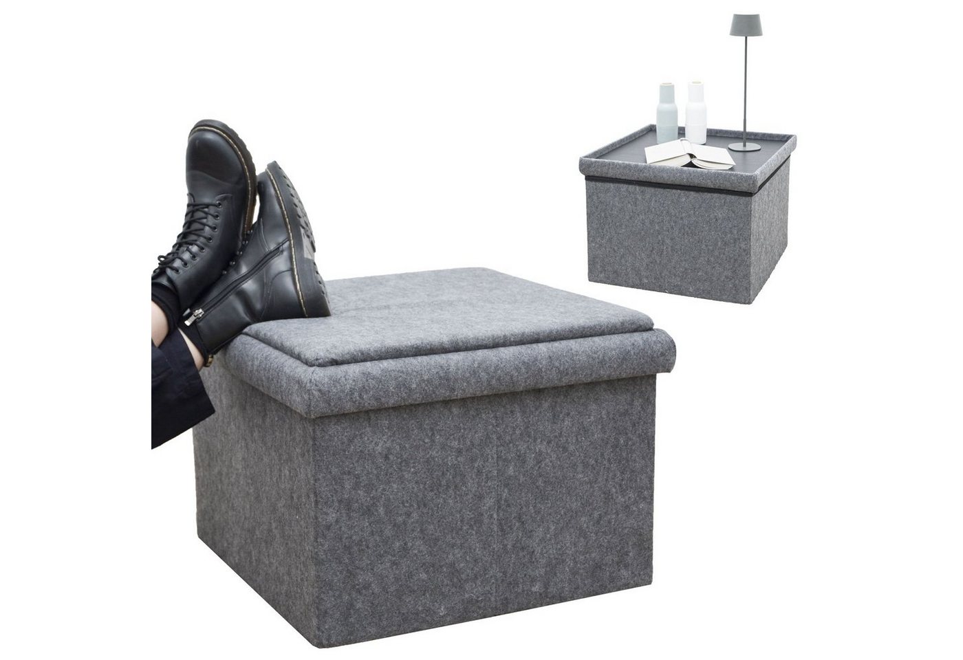 DuneDesign Sitzwürfel 3-in-1 Sofa Hocker mit Stauraum 56x56x40 Filz, Beistellhocker Sitzhocker Grau von DuneDesign