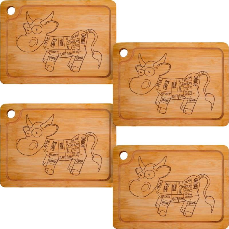DuneDesign 4er Set Steakteller aus Bambus 33 x 23 x 2cm Motiv Comic-Kuh von Dunedesign