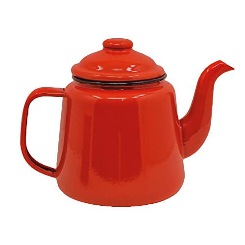 Emaille-Teekanne mit Griff und Deckel, 14 cm, 1,5 l, traditionelles Servieren, Teekanne, Kaffeekanne, Krug Camping, Rot (rot) von Dunlevy