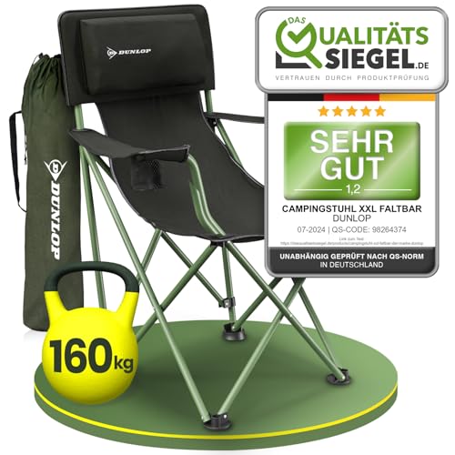 DUNLOP Campingstuhl faltbar XXL - Luxus Camping Stuhl leicht mit weich gepolsterter Kopflehne I massiver Stahlrohr Klappstuhl 160kg belastbar I 2 Bequeme Armlehnen mit 2X Getränkehalter I Angelstuhl von DUNLOP