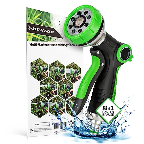Dunlop Gartenbrause - Multi Handbrause mit 8 Sprühmustern und fein dosierbarem Daumenventil - Garten Brausekopf mit feststellbarem Hebel und Quick Connect für alle 1/2 Zoll Schlauchanschlüsse von DUNLOP