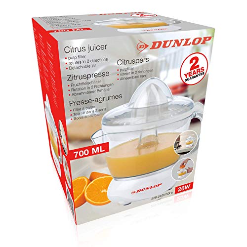 Dunlop Zitruspresse elektrisch Saftpresse Orangenpresse - 700ml Zitronenpresse 2x Pressdeckel Fruchtfleischfilter - 0,7l Saft Presse Weiß Transparent von DUNLOP