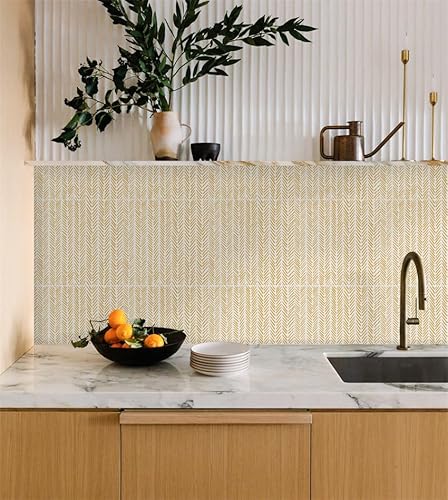 Dunxiles Fliesenaufkleber 15 x 15 cm Gelbe Linien zum Aufkleben Auf Fliesen PVC Selbstklebende Wandfliesen wasserdichte Ölbeständige Küchentapete DIY Abziehen und Aufkleben Bodenfliesen (10 Pcs) von Dunxiles