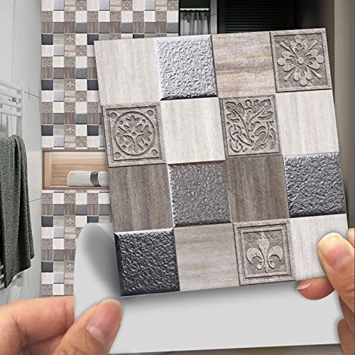 Dunxiles Fliesenaufkleber Grau-Beige Mosaik-Fliesen zum Aufkleben PVC Selbstklebende Wandfliesen wasserdichte Ölbeständige Küchentapete DIY Abziehen und Aufkleben Bodenfliesen 10 Pcs (15 x 15 cm) von Dunxiles