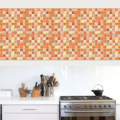 Dunxiles Fliesenaufkleber Orange-Gelb Mosaik-Aufkleber zum Aufkleben Auf Fliesen PVC Selbstklebende Wandfliesen Wasserdicht Küchentapete DIY Abziehen und Aufkleben Bodenfliesen 10 Pcs (20 x 20 cm) von Dunxiles