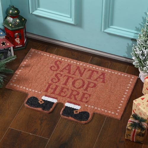 Dunzy Dekorative Fußmatte mit Aufschrift "Santa Stop Here", rutschfest, für den Winter, Weihnachten, Urlaub, Innen- und Außenbereich, Veranda, 61 x 40 cm von Dunzy