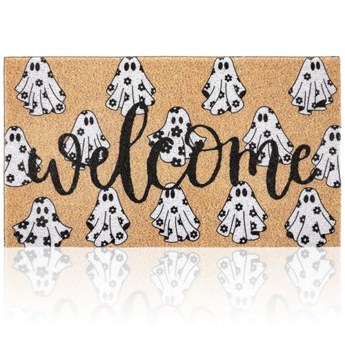 Dunzy Halloween-Fußmatten mit Aufschrift "Welcome Geister", niedlich, schwarz, Kokosfaser, Blumenmuster, Kokette, rutschfeste Matte, Halloween-Teppich, Dekoration für drinnen und draußen, Zuhause Dunzy Halloween-Fußmatten mit Aufschrift "Welcome Geister", niedlich, schwarz, Kokosfaser, Blumenmuster, Kokette, rutschfeste Matte, Halloween-Teppich, Dekoration für drinnen und draußen, Zuhause von Dunzy