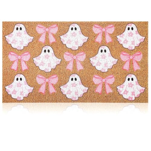 Dunzy Halloween-Geister-Fußmatten, rosa Schleife, Boo aus Kokosfaser, Willkommens-Fußmatten, Blumenmuster, niedlich, Kokette, rutschfeste Matte, Halloween-Teppich, Dekoration für drinnen und draußen Dunzy Halloween-Geister-Fußmatten, rosa Schleife, Boo aus Kokosfaser, Willkommens-Fußmatten, Blumenmuster, niedlich, Kokette, rutschfeste Matte, Halloween-Teppich, Dekoration für drinnen und draußen von Dunzy