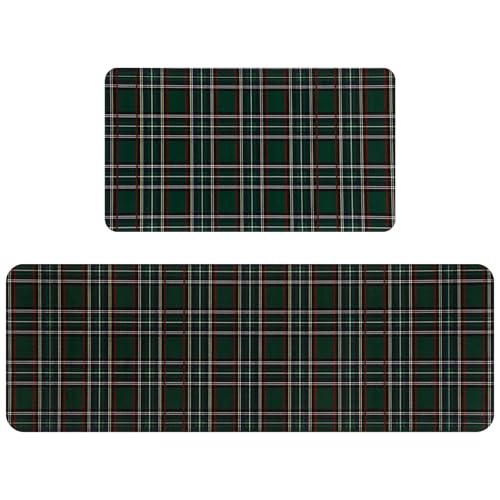 Dunzy Weihnachtsteppich-Sets mit Schottenkaro, Weihnachtsdekoration, wasserdicht, rutschfest, flache Fußmatten und Matten für Küche und Zuhause, 2 Stück (grün) von Dunzy