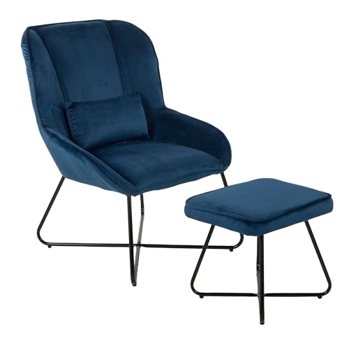 Duo Collection Algona Relaxsessel mit Hocker | Komfortabler Cocktailsessel und Loungesessel aus Samt | gemütlicher Sessel mit Hocker | modern und elegant | Marineblau von Duo Collection