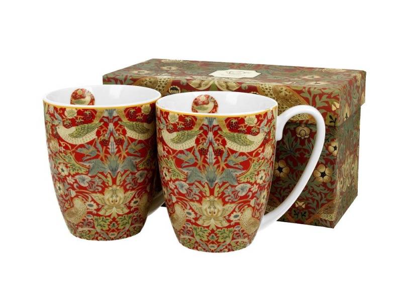 Duo-Gift Becher 2er Set Mug / Tee/KaffeeTasse /Bluimen / Tiere / Planzen, Porzellan ERDBEERDIEB ROT / Ein Set mit zwei 360-ml-Bechern STRAWBERRY THIEF RED von William Morris aus der Art Gallery, Kollektion, mit Geschenkbox / Ideal als Geschenk von Duo-Gift