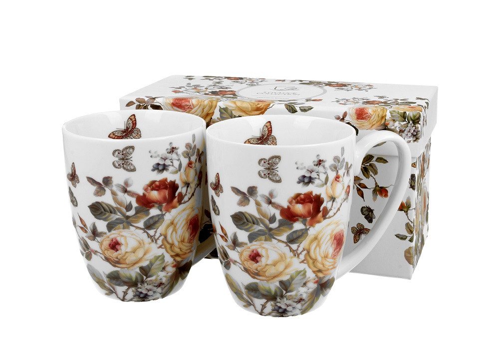 Duo-Gift Becher 2er Set Mug / Tee/KaffeeTasse /Bluimen / Tiere / Planzen, Porzellan Sommer Blumen / Schmetterling - Ein Set mit zwei 360-ml-Bechern klassische Tassen ZAHRA, Kollektion, mit Geschenkbox / Ideal als Geschenk von Duo-Gift