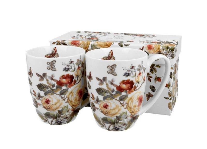 Duo-Gift Becher 2er Set Mug / Tee/KaffeeTasse /Bluimen / Tiere / Planzen, Porzellan Sommer Blumen / Schmetterling - Ein Set mit zwei 360-ml-Bechern klassische Tassen ZAHRA, Kollektion, mit Geschenkbox / Ideal als Geschenk von Duo-Gift