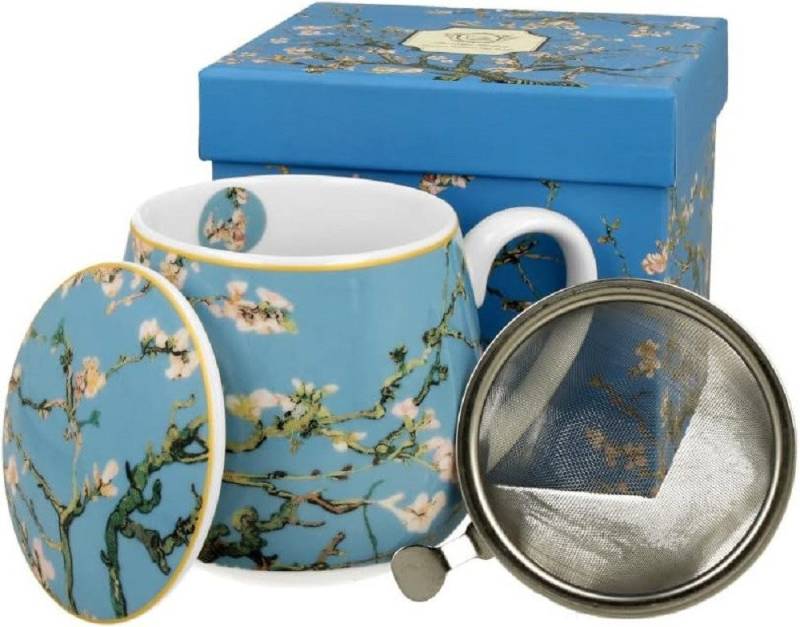 Duo-Gift Becher Tee Tasse mit Tee-Teesieb Mug / Fass / Fassbecher / Kaffee Tasse, Porzellan : Ein 430-ml-Fassbecher ca. 9,8 x Ø 8 x 12,5 mit Tee-Sieb und Deckel ALMOND BLOSSOM von Van Gogh aus der Art Gallery-Kollektion., Sommer Blumen / Tiere / Planzen mit Geschenkbox / Ideal als Geschenk von Duo-Gift