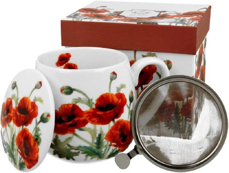 Duo-Gift Becher Tee Tasse mit Teesieb Mug / Fass / Fassbecher / Kaffee Tasse, Porzellan Mug : Ein 430-ml-Fass, Becher ca. 9,8 x Ø 8 x 12,5 Becherfass mit Teesieb, KLASSISCHE MOHNBLUMEN, Blumen Klassiker, Sommer Blumen / Tiere / Planzen mit Geschenkbox / Ideal als Geschenk von Duo-Gift