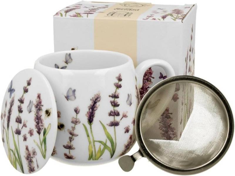 Duo-Gift Becher Tee Tasse mit Teesieb Mug / Fass / Fassbecher / Kaffee Tasse, Porzellan Mug : Ein 430-ml-Fassbeche.r ca. 9,8 x Ø 8 x 12,5 Becherfass mit Teesieb, LAVENDEL, Blumen, Sommer Blumen / Tiere / Planzen mit Geschenkbox / Ideal als Geschenk von Duo-Gift