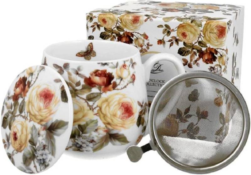 Duo-Gift Becher Tee Tasse mit Teesieb Mug / Fass / Fassbecher / Kaffee Tasse, Porzellan Mug : Ein 430-ml-Fassbeche.r ca. 9,8 x Ø 8 x 12,5 Becherfass mit Teesieb, ZAHRA, Blumen, Sommer Blumen / Tiere / Planzen mit Geschenkbox / Ideal als Geschenk von Duo-Gift
