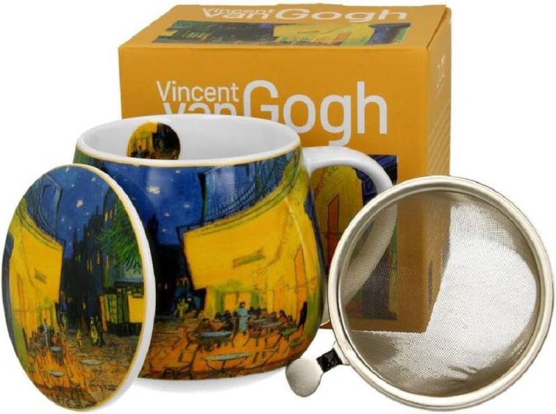 Duo-Gift Becher Tee Tasse mit Teesieb Mug / Fass / Fassbecher / Kaffee Tasse, Porzellan Mug : Ein 430-ml-Fassbeche.r ca. 9,8 x Ø 8 x 12,5 Becherfass mit Teesieb,TERRASSE BEI NACHT inspiriert von Van Gogh, Sommer Blumen / Tiere / Planzen mit Geschenkbox / Ideal als Geschenk von Duo-Gift
