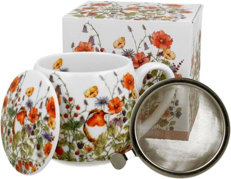 Duo-Gift Becher Tee Tasse mit Teesieb Mug / Fass / Fassbecher / Kaffee Tasse, Porzellan Mug : Ein 430-ml-Fassbeche.r ca. 9,8 x Ø 8 x 12,5 Becherfass mit Teesieb,TERRASSE BEI NACHT inspiriert von Van Gogh, Sommer Blumen / Tiere / Planzen mit Geschenkbox / Ideal als Geschenk von Duo-Gift
