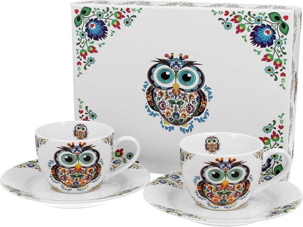 Duo-Gift Espressotasse Set mit Untertassen, Sommer, Frühling, Herbst, Winter, Tasse Motiv, Porzellan Eule, 2 Espressotassen ca. 90 ml mit Untertassen, SUNFLOWERS, Pflanzen Kollektion, DUO ETNO - OWL 2er-Set Espressotassen 90 ml mit Untertassen aus New Bone China Porzellan, Duo Geschenke, Mug, Kollektion, Ideal als Geschenk von Duo-Gift