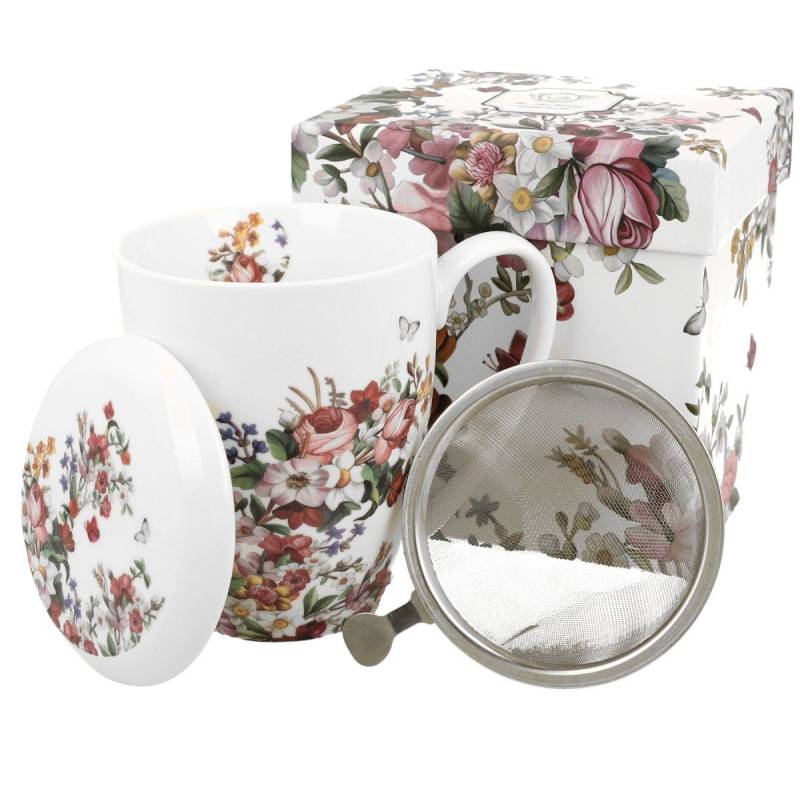 Duo-Gift Tasse Duo Tasse Vintage Flowers weiß mit Teesieb 320 ml, Duo Tasse Vintage Flowers weiß mit Teesieb 320 ml von Duo-Gift