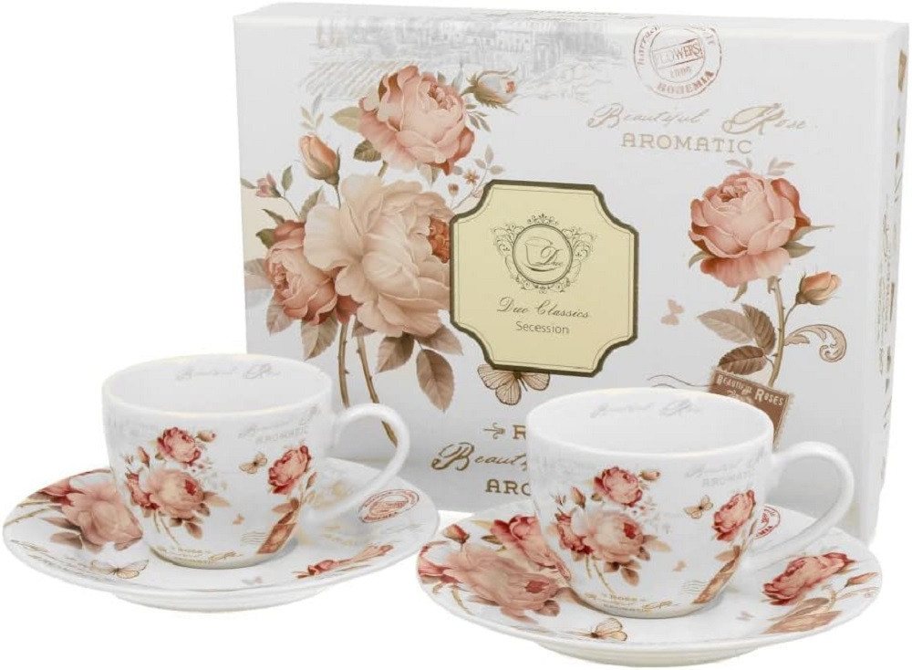 Duo-Gift Tasse Set mit Untertassen, Tieren / Vogel / Blumen - Planzen Kollektion, Porzellan 2 Espressotassen / Espresso ca. 90 ml mit Untertassen: Durchmesser 12,5 cm, SECESSION - Rosen, Blumen, Rose, Kaffee - Tee Tasse / Ideal als Geschenk / Sammlung von Duo-Gift