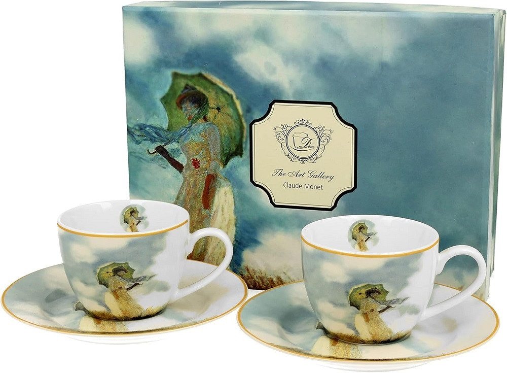 Duo-Gift Tasse Set mit Untertassen, Tieren / Vogel / Blumen - Planzen Kollektion, Porzellan 2 Espressotassen /Espresso ca. 90 ml mit Untertassen: Durchmesser 12,5 cm /FRAU MIT PARASOL, inspiriert von C. Monet, Kaffee - Tee Tasse / Ideal als Geschenk / Sammlung von Duo-Gift