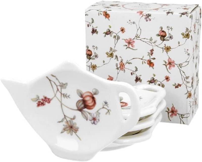 Duo-Gift Teeservice Teebeutelhalter 4er Set Teebeutelständer Blumen Kollektion (4-tlg), Porzellan 4er Set Teebeutelablage / Gewürzschälchen Blumen Safa, Kollektion, mit Geschenkbox / Ideal als Geschenk von Duo-Gift