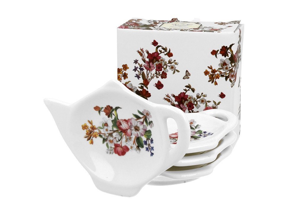 Duo-Gift Teeservice Teebeutelhalter 4er Set Teebeutelständer Blumen Kollektion (4-tlg), Porzellan 4er Set Teebeutelablage / Gewürzschälchen Blumen Vintage weiß, Kollektion, mit Geschenkbox / Ideal als Geschenk von Duo-Gift