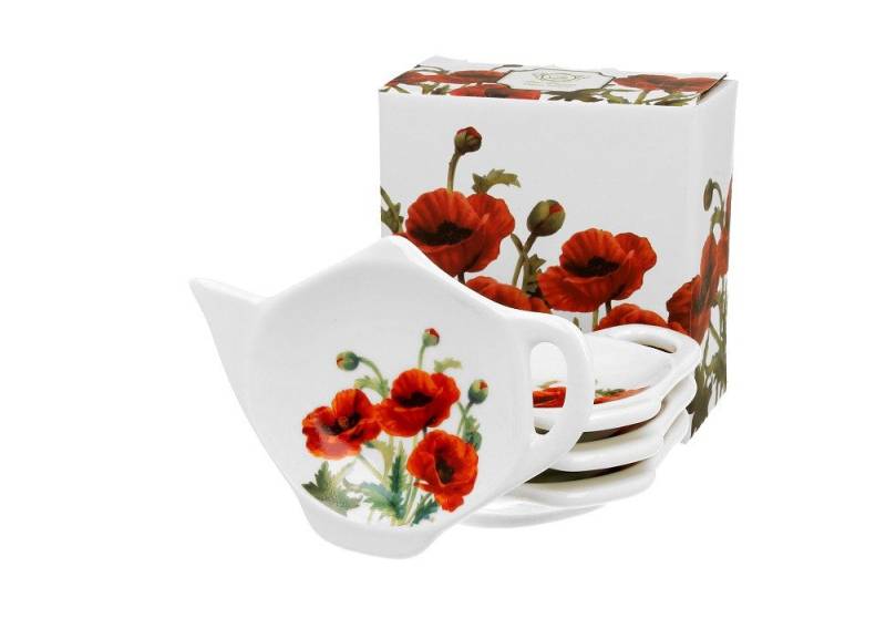 Duo-Gift Teeservice Teebeutelhalter 4er Set Teebeutelständer Blumen Kollektion (4-tlg), Porzellan 4er Set Teebeutelablage / Gewürzschälchen Mohnblumen / CLASSIC POPPIES, Kollektion, mit Geschenkbox / Ideal als Geschenk von Duo-Gift