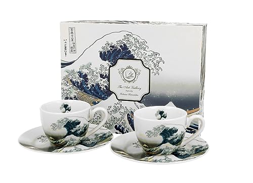 DUO ART GALLERY 2er-Set Espressotassen 90 ml GREAT WAVE mit Untertassen, New Bone China Porzellan von Duo