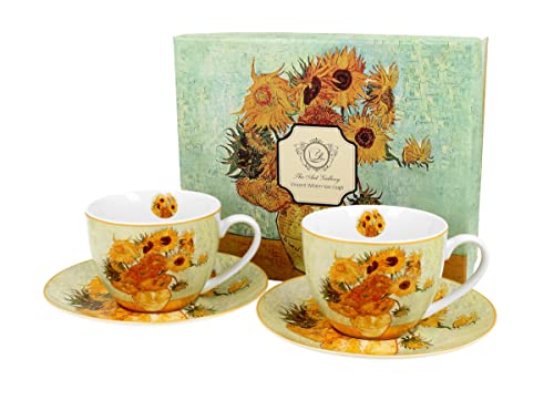 DUO ART GALLERY 2er-Set Tassen 280 ml SUNFLOWERS mit Untertassen, New Bone China Porzellan von Duo