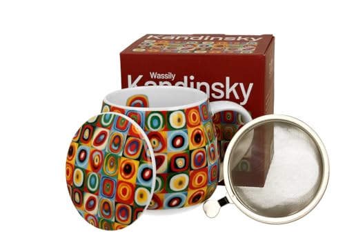 DUO ART GALLERY Fassbecher 430 ml mit Teesieb und Deckel SQUARES WITH CIRCLES inspired by W. Kandinsky, New Bone China Porzellan von Duo