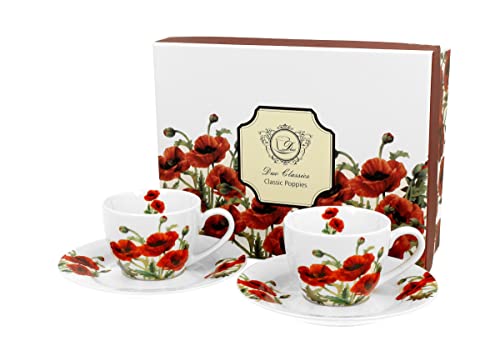 DUO FLORAL 2er-Set Espressotassen 90 ml CLASSIC POPPIES mit Untertassen, New Bone China Porzellan von Duo