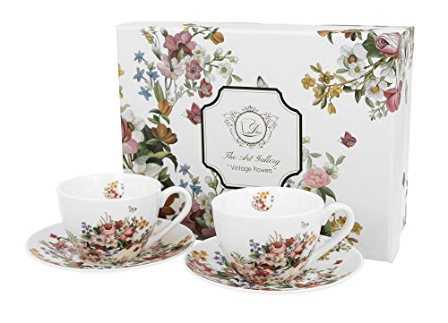 DUO FLORAL 2er-Set Espressotassen 90 ml VINTAGE FLOWERS WHITE mit Untertassen, New Bone China Porzellan von Duo